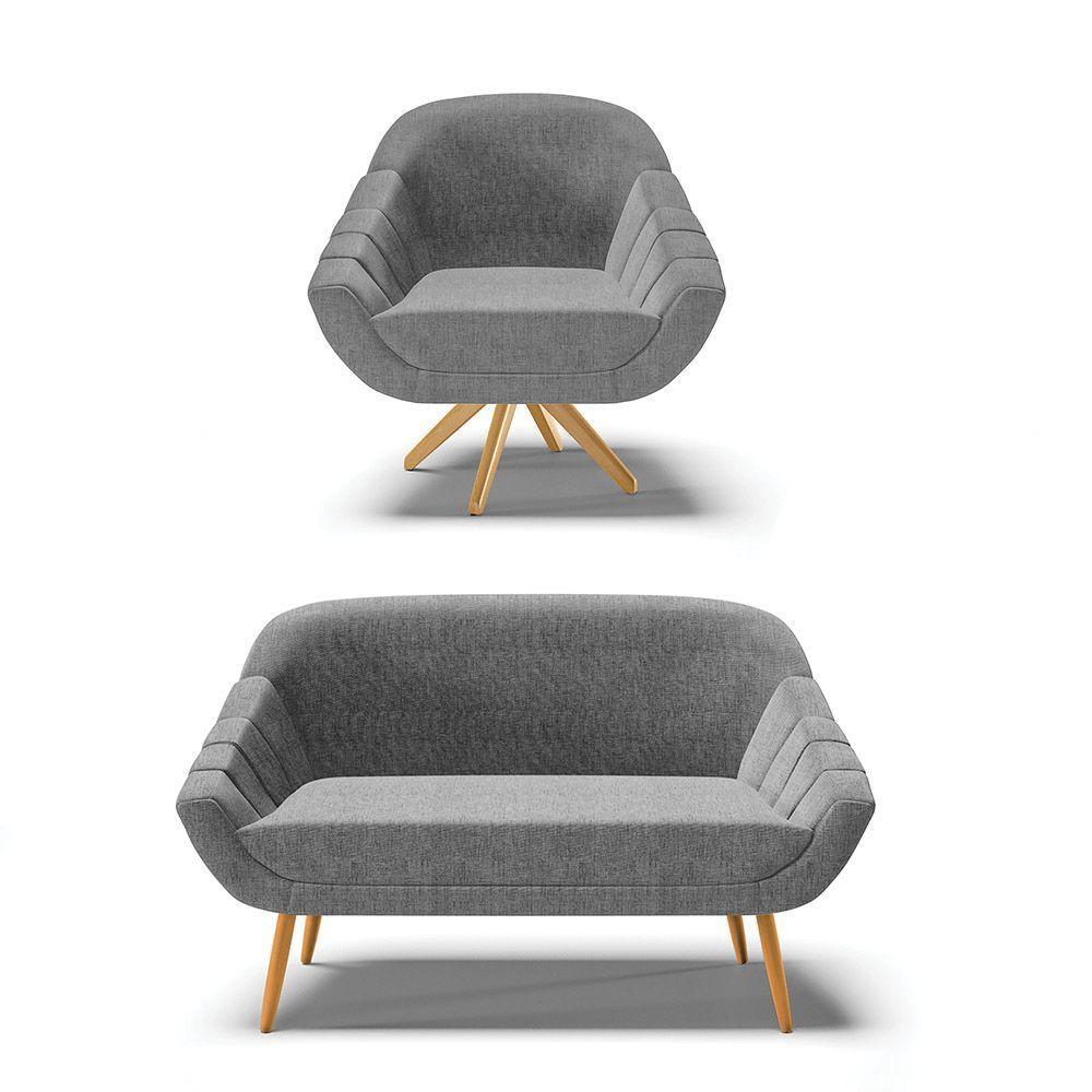 Kit 1 Namoradeira E 1 Poltrona Giratória Linho A26 Grafite - 1