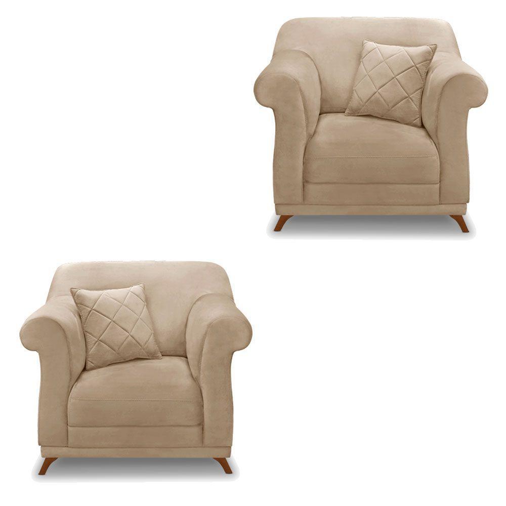 Kit 2 Poltronas Para Sala De Estar Suede Bege Pés Castanho - 1