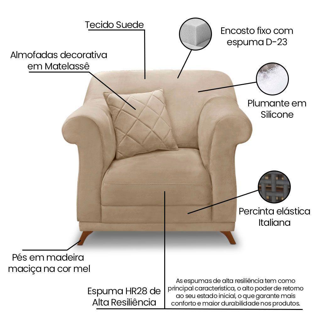 Kit 2 Poltronas Para Sala De Estar Suede Bege Pés Castanho - 4