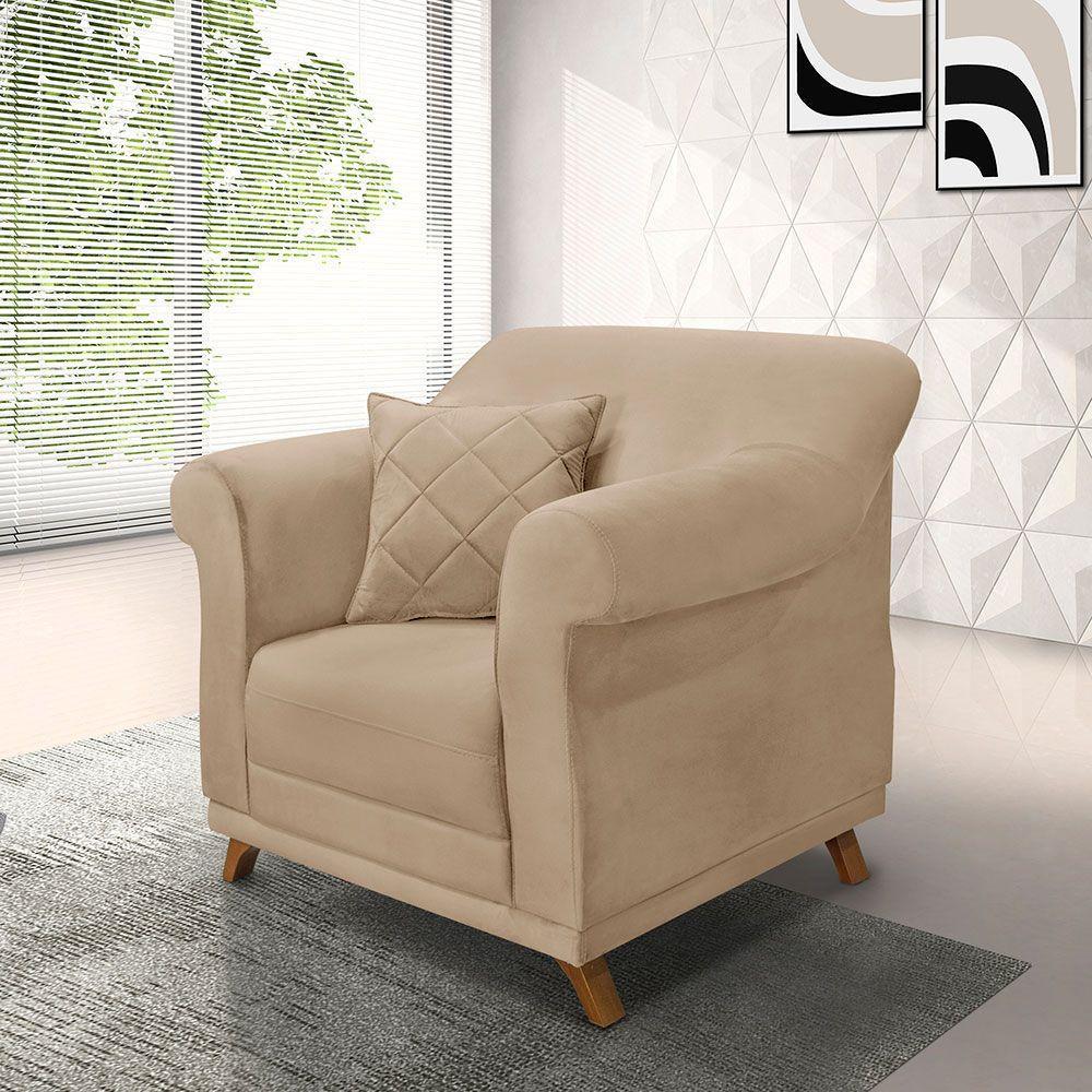 Kit 2 Poltronas Para Sala De Estar Suede Bege Pés Castanho - 8
