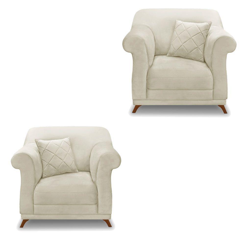 Kit 2 Poltronas Para Sala De Estar Veludo Bege Pés Castanho - 1