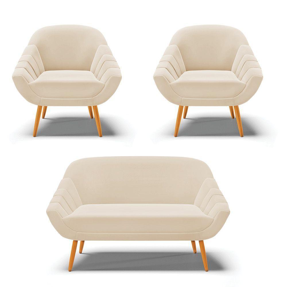 Kit 01 Namoradeira E 02 Poltronas Suede Bege Natural - 1