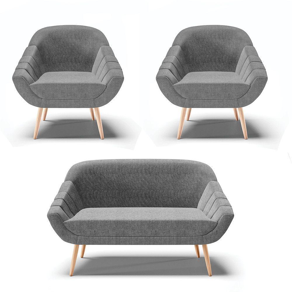 Kit 01 Namoradeira E 02 Poltronas Linho Natural A26 Grafite - 1