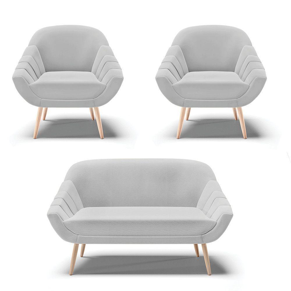 Kit 01 Namoradeira E 02 Poltronas Linho Natural A05 Cinza - 1