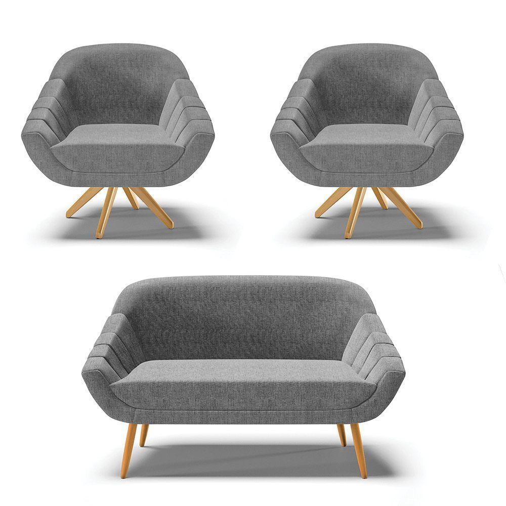 Kit 1 Namoradeira E 2 Poltronas Giratória Linho A26 Grafite - 1