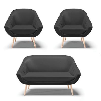 Kit 01 Namoradeira E 02 Poltronas Corino Preto Natural