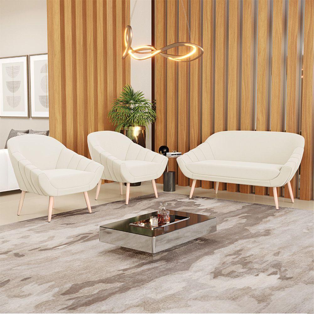 Kit 01 Namoradeira E 02 Poltronas Veludo Natural Bege - 8