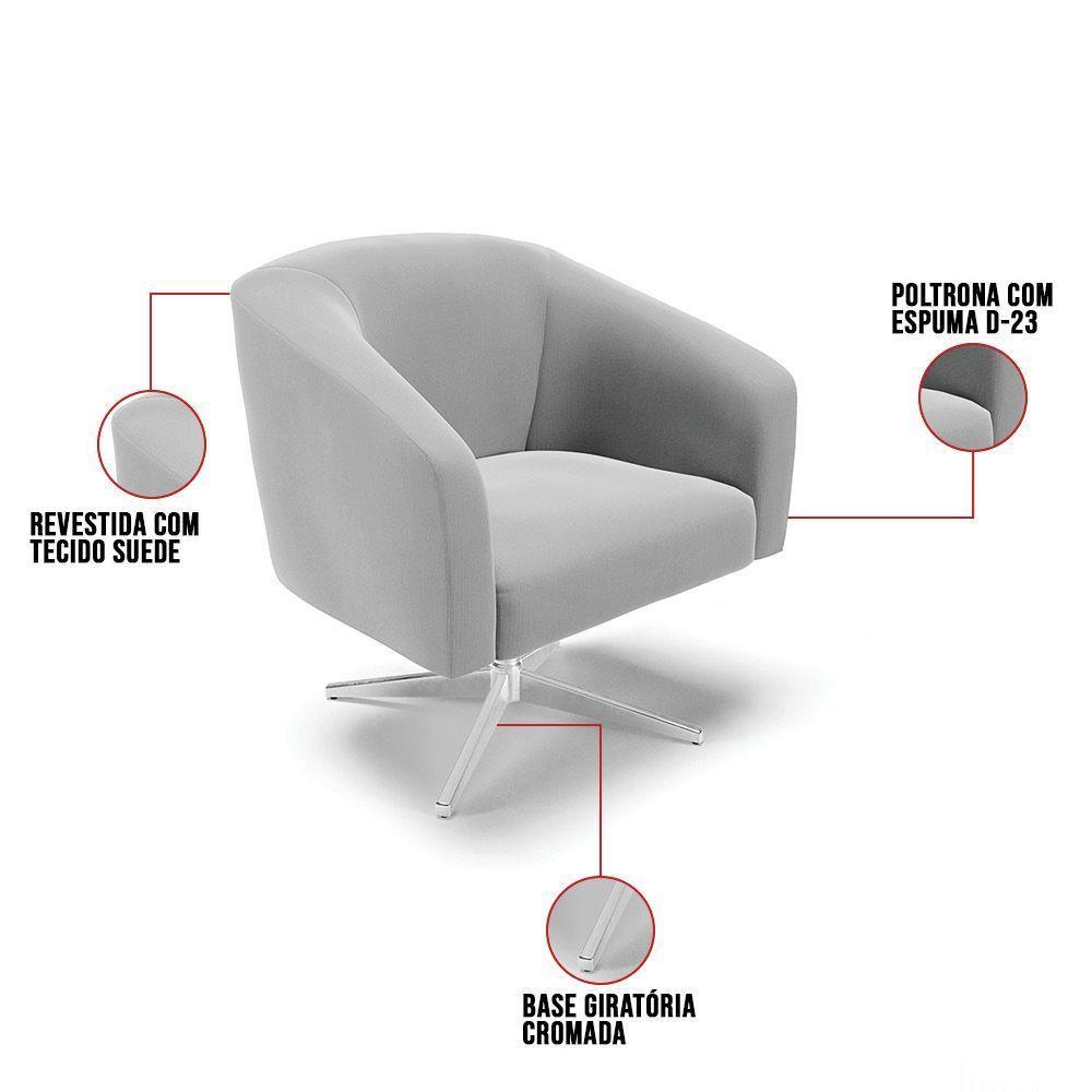Kit 02 Poltronas Giratória Stella Suede Cinza Base Cromada - 3
