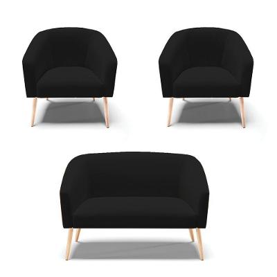 Kit 1 Namoradeira E 2 Poltronas Nozes Com Linho Preto A79