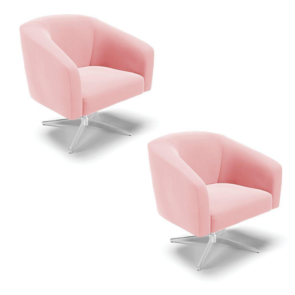 Kit 02 Poltronas Suede Rosa Bebê Base Cromada - 1