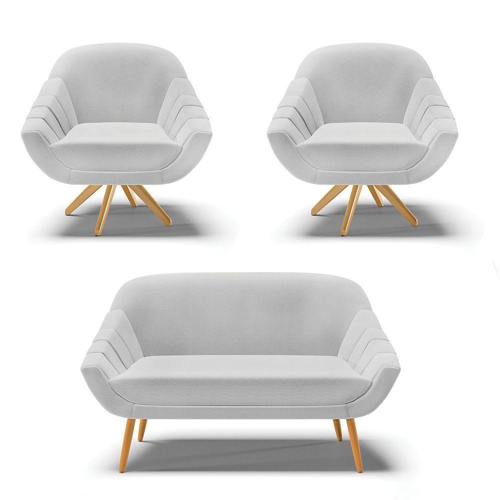 Kit 1 Namoradeira E 2 Poltronas Giratória Linho A05 Cinza - 1