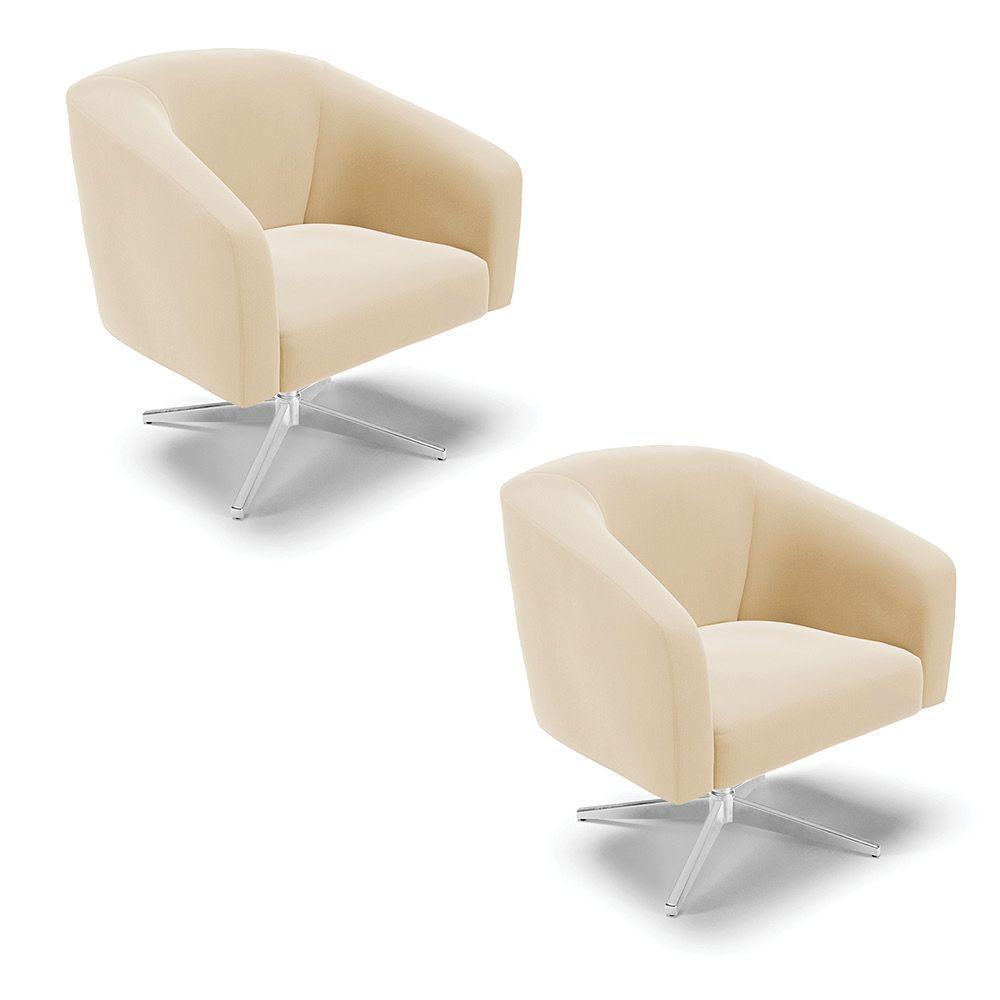 Kit 02 Poltronas Giratória Stella Suede Base Cromada Bege - 1