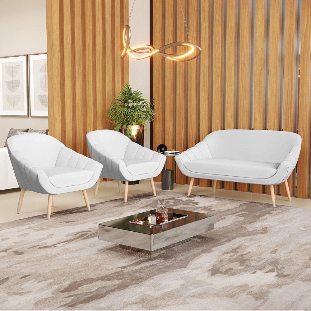 Kit 01 Namoradeira E 02 Poltronas Corino Branco Natural - 8