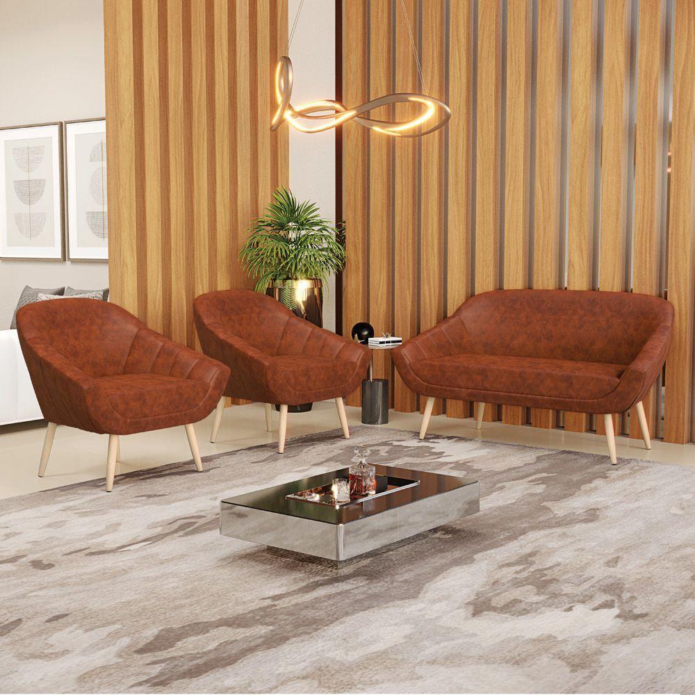 Kit 01 Namoradeira E 02 Poltronas Corano Natural Nozes - 8