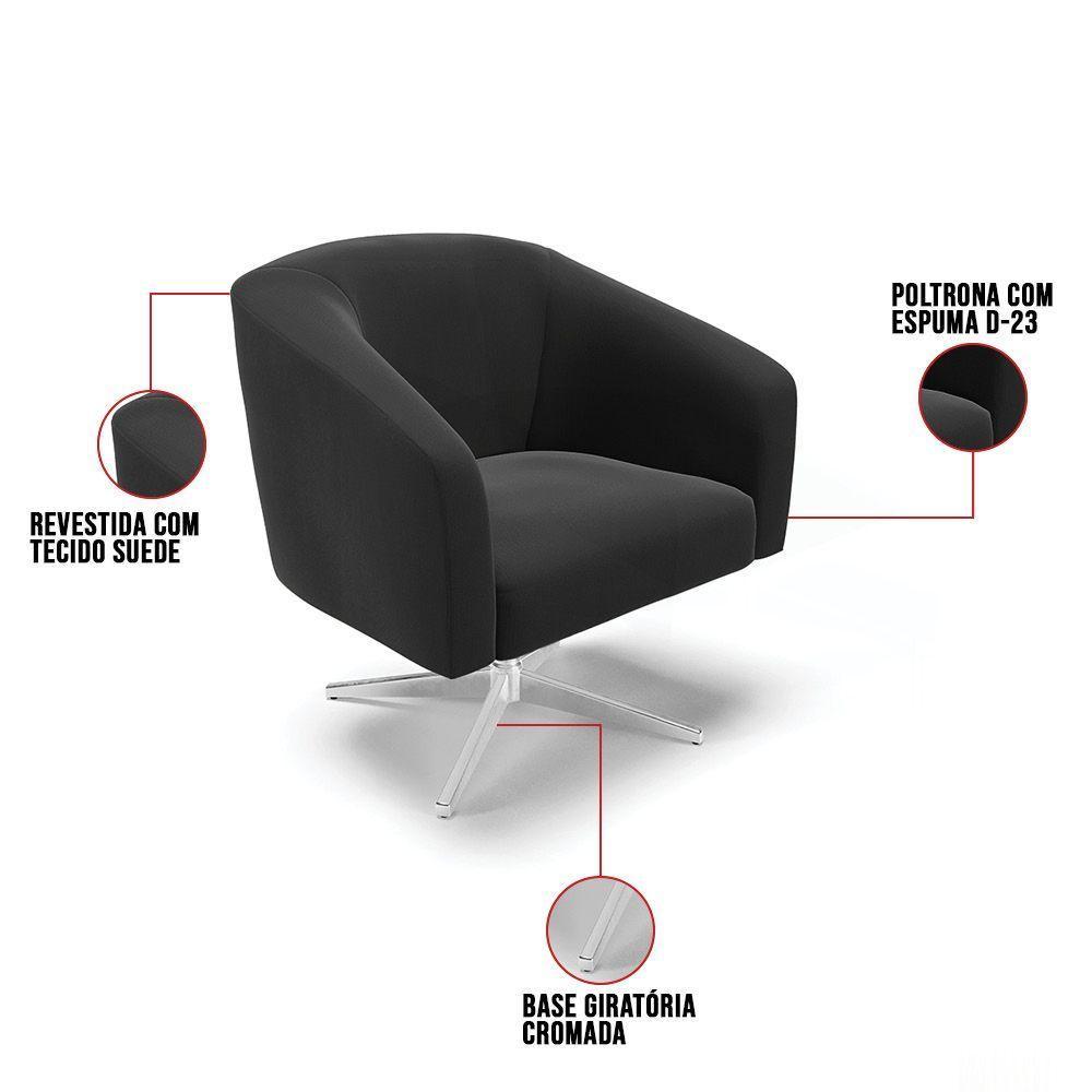 Kit 02 Poltronas Giratória Stella Suede Base Cromada Preto - 3