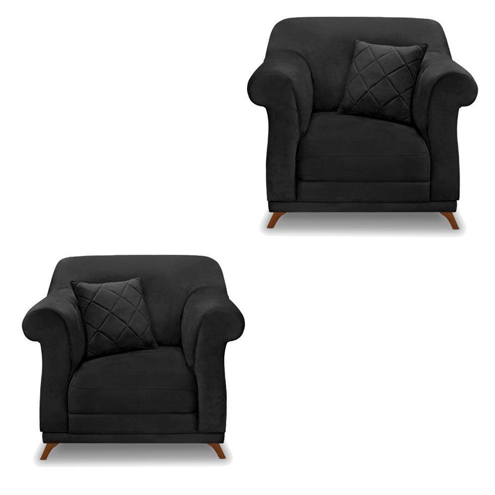 Kit 2 Poltronas Veludo Preto Pés Castanho - 1