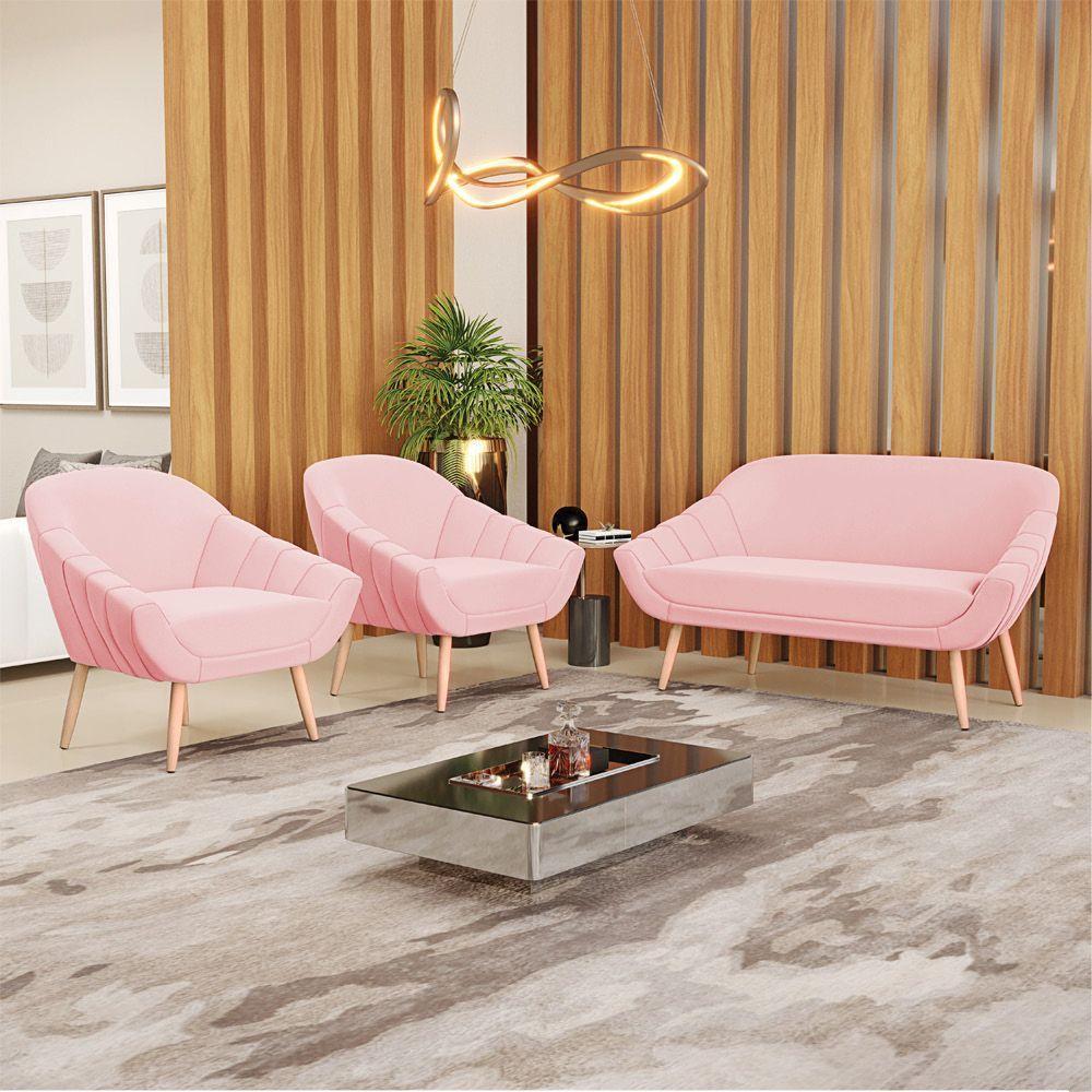 Kit 01 Namoradeira E 02 Poltronas Suede Rosa Bebê Natural - 8