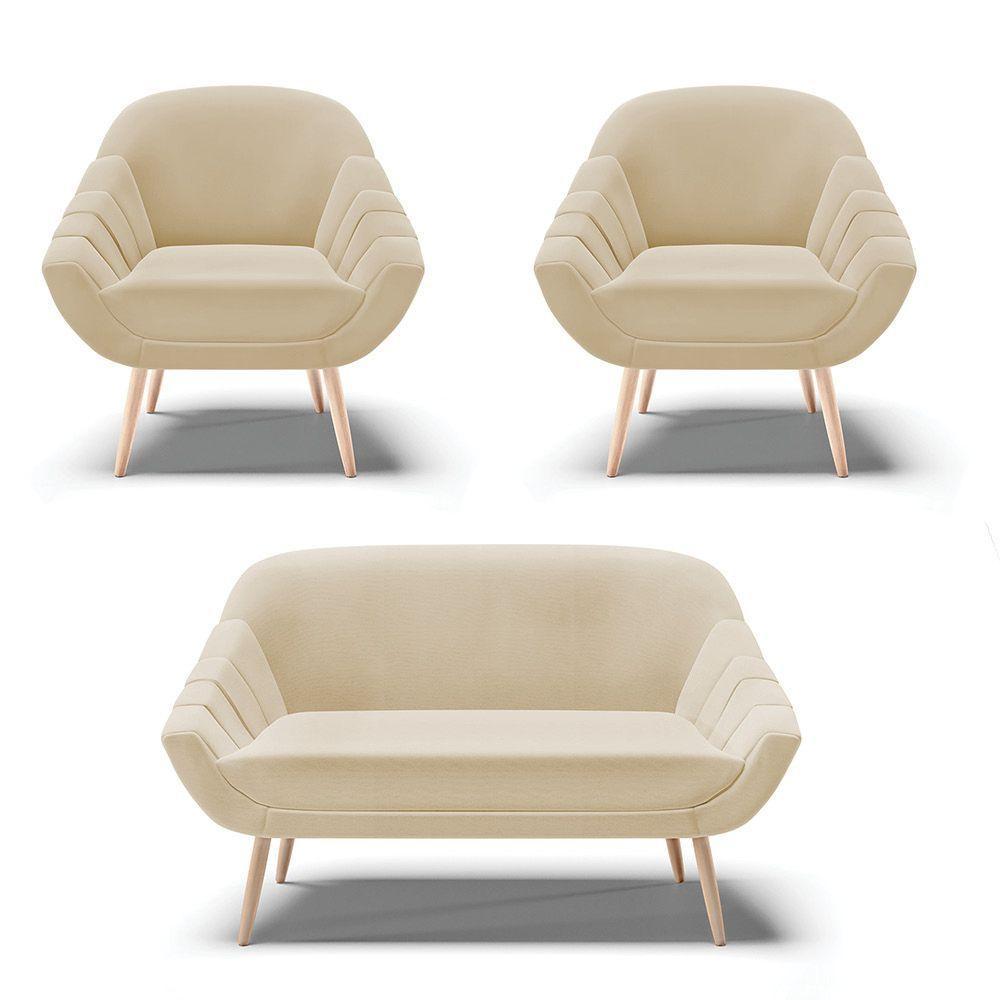 Kit 01 Namoradeira E 02 Poltronas Linho Areia A27 Natural - 1