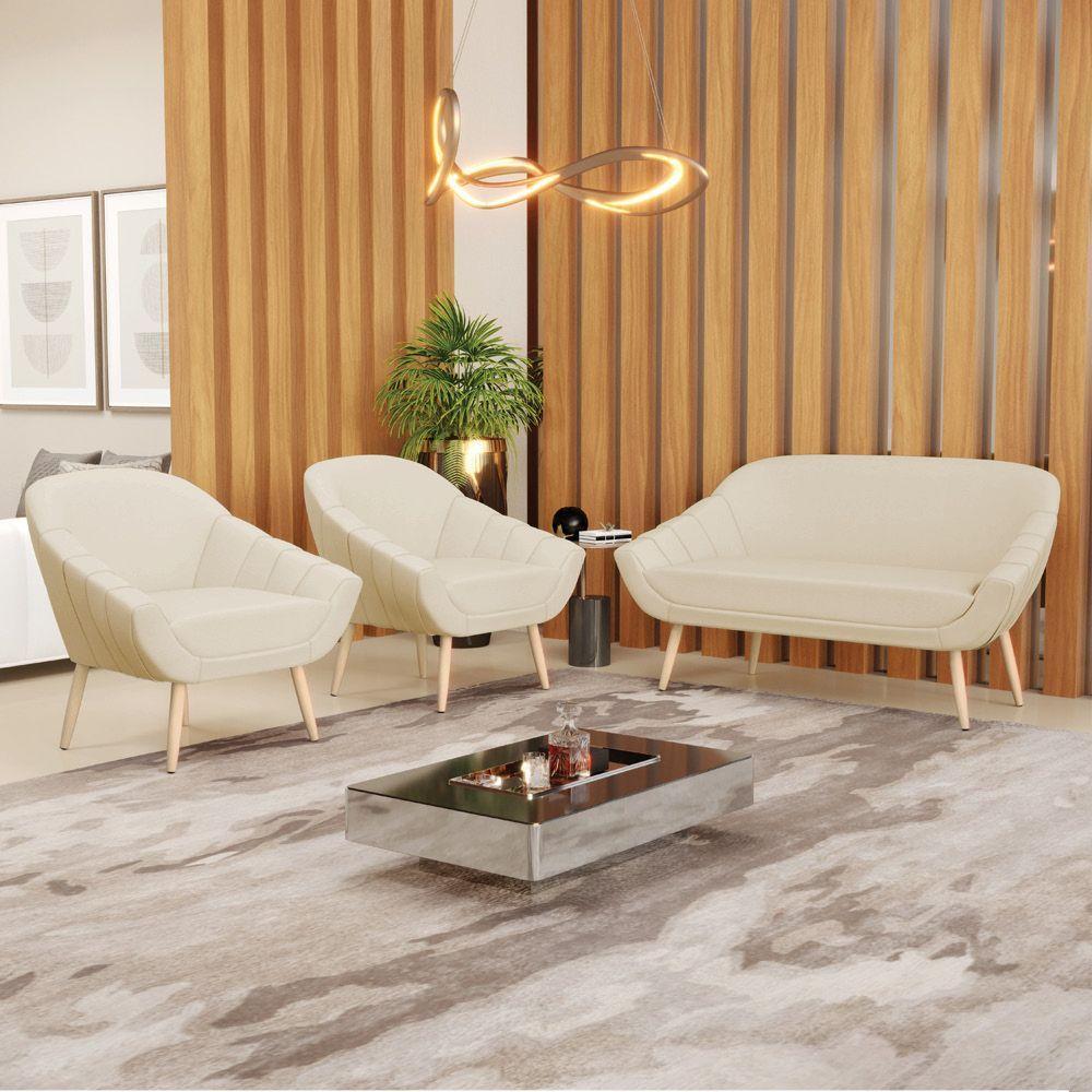 Kit 01 Namoradeira E 02 Poltronas Linho Areia A27 Natural - 8