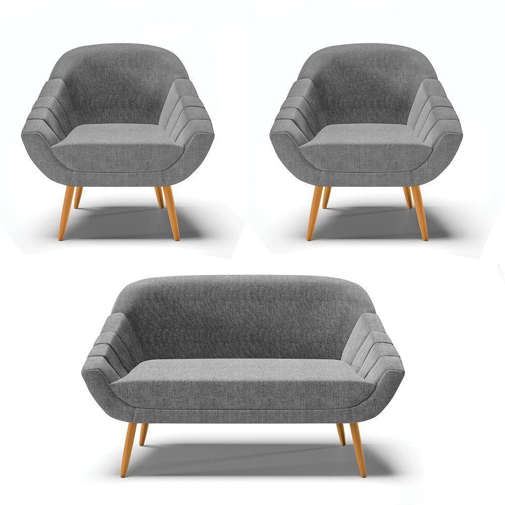 Kit 1 Namoradeira E 2 Poltronas Linho Castanho A26 Grafite - 1