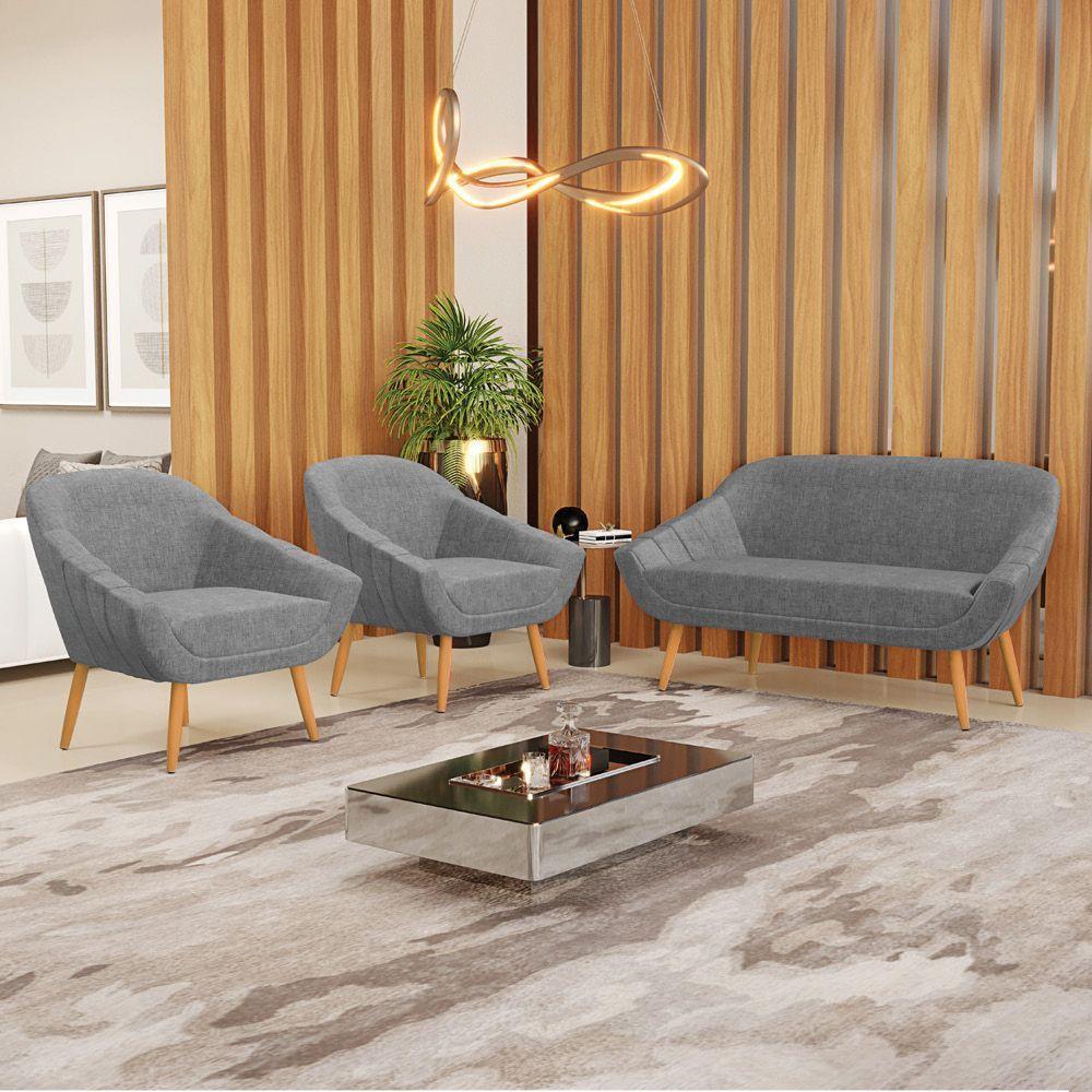 Kit 1 Namoradeira E 2 Poltronas Linho Castanho A26 Grafite - 8