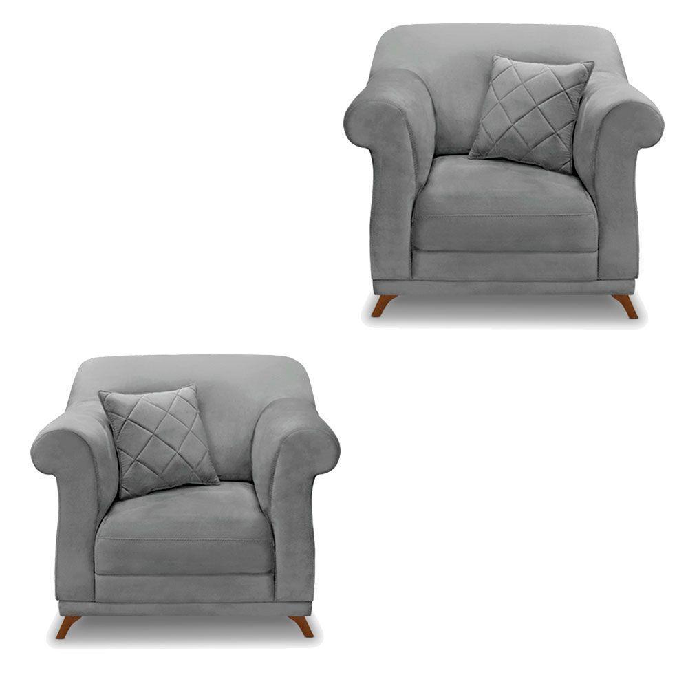 Kit 2 Poltronas Veludo Cinza Grafite Pés Castanho - 1