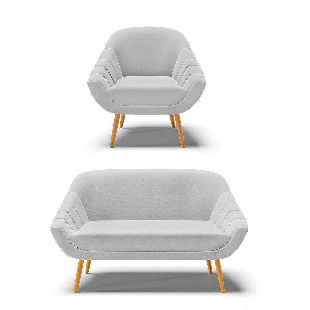 Kit 01 Namoradeira E 01 Poltrona Linho Castanho A05 Cinza - 1