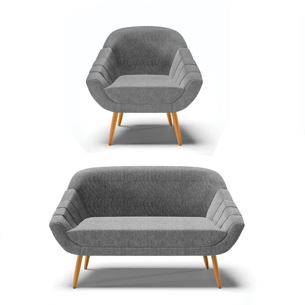 Kit 01 Namoradeira E 01 Poltrona Linho Castanho A26 Grafite - 1