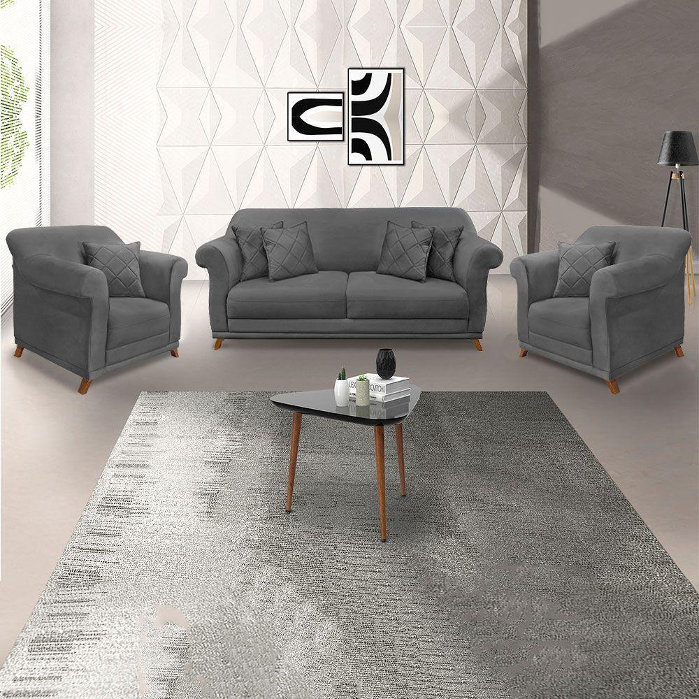 Kit 2 Poltronas E Sofá 2 Lugares 1,80m Pés Castanho Cinza - 1