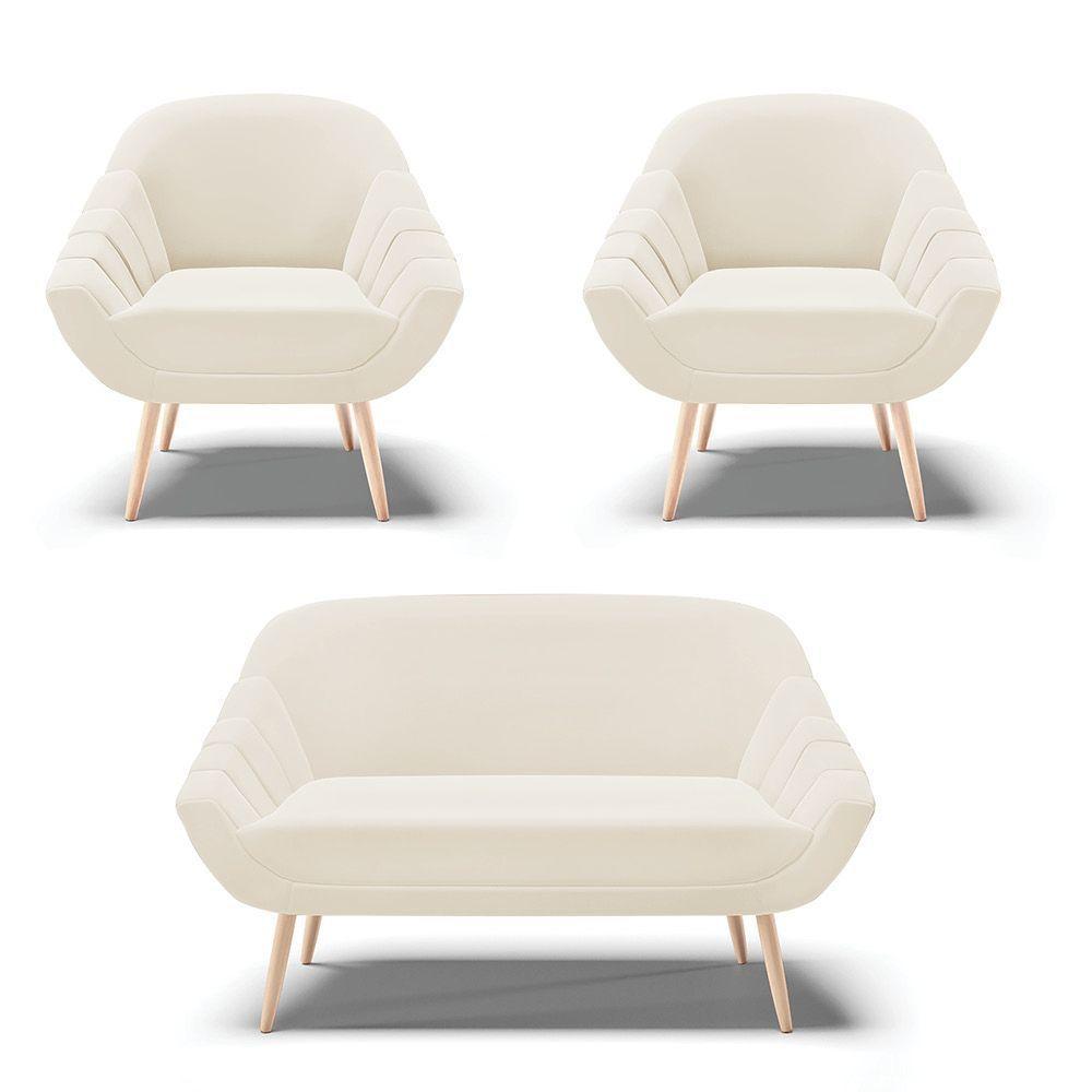 Kit 01 Namoradeira E 02 Poltronas Veludo Bege Natural - 1