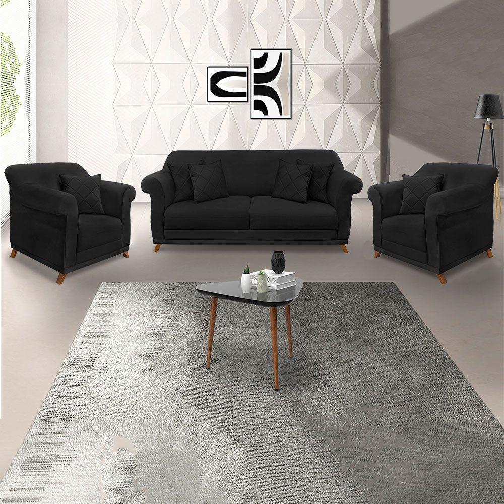 Kit 2 Poltronas E Sofá 2 Lugares 1,80m Preto Pés Castanho - 2