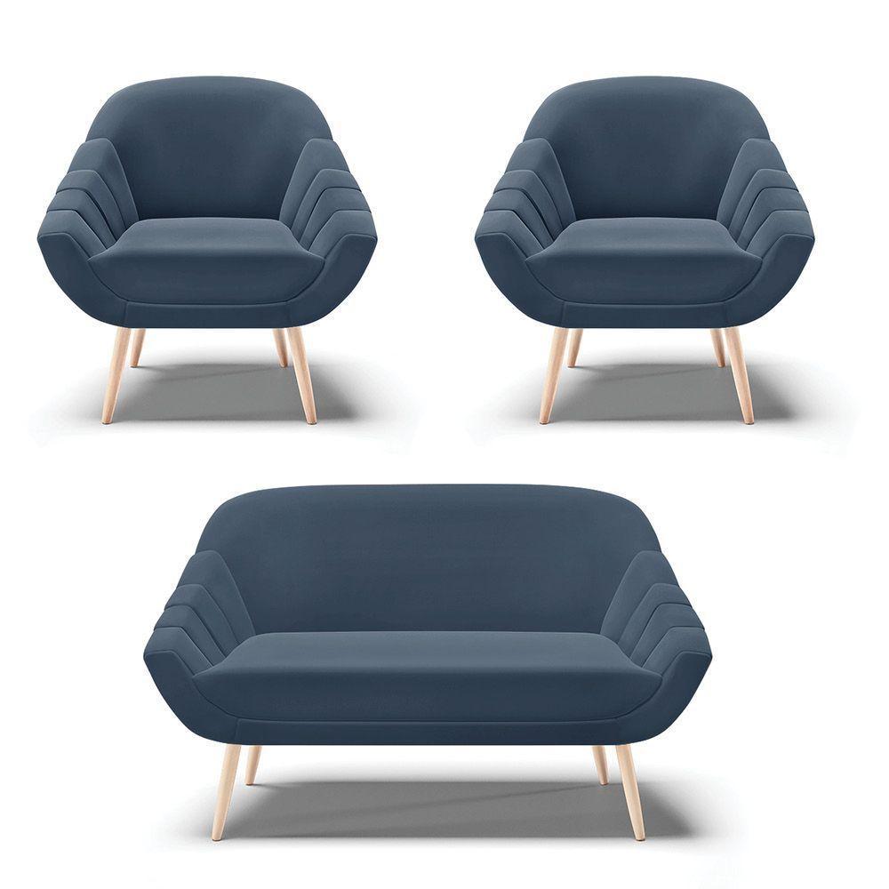 Kit 01 Namoradeira E 02 Poltronas Suede Azul Marinho - 1