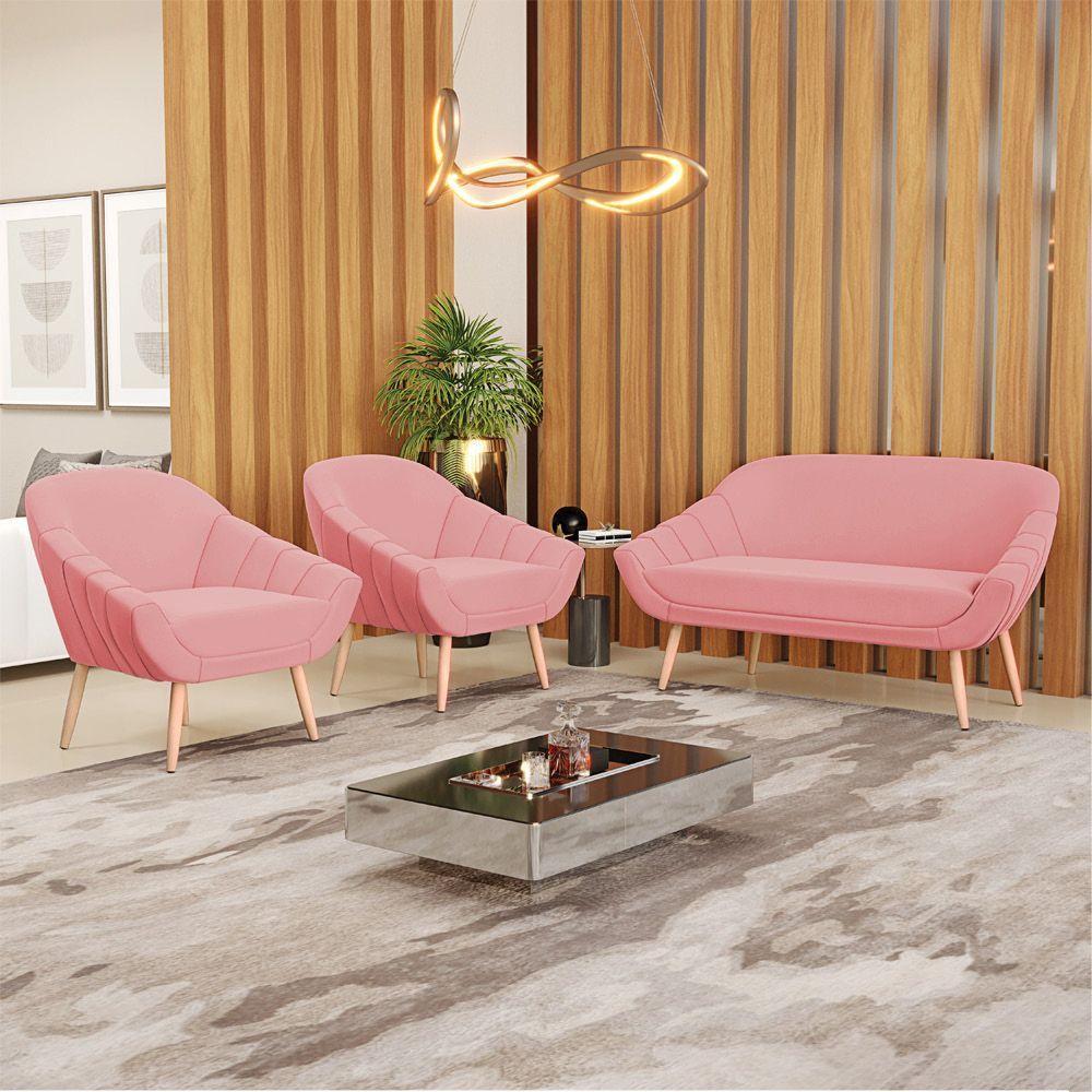 Kit 01 Namoradeira E 02 Poltronas Suede Natural Rose - 8