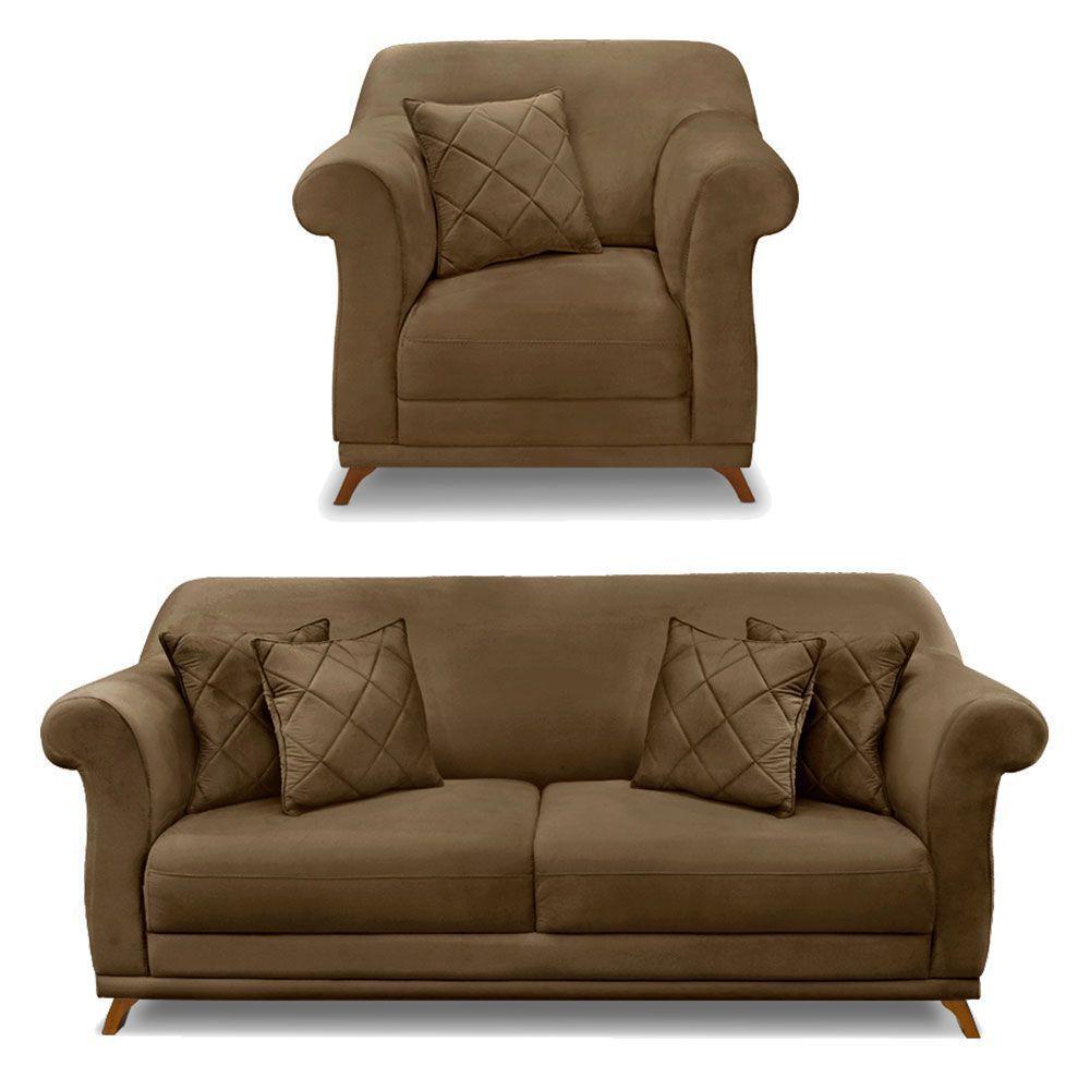 Kit Poltrona E Sofá 2 Lugares 1,60m Caramelo Pés Castanho - 1