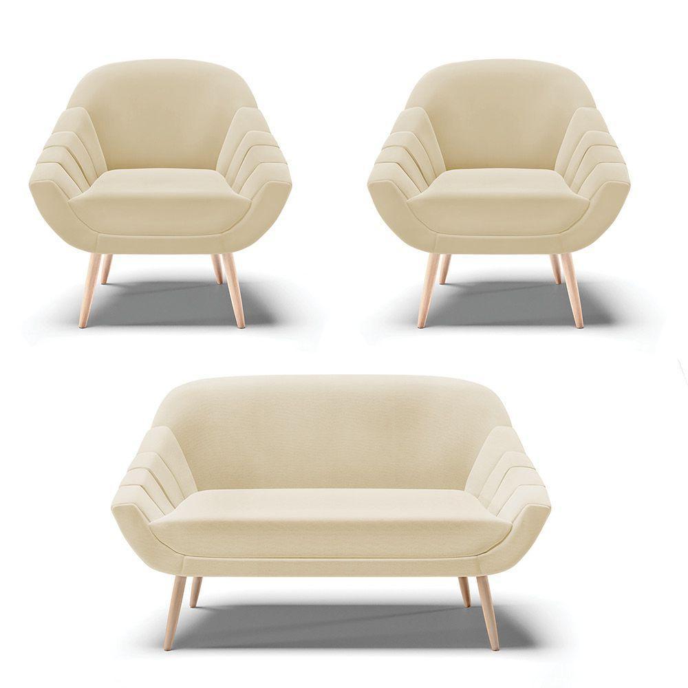 Kit 01 Namoradeira E 02 Poltronas Linho Bege A19 Natural - 1