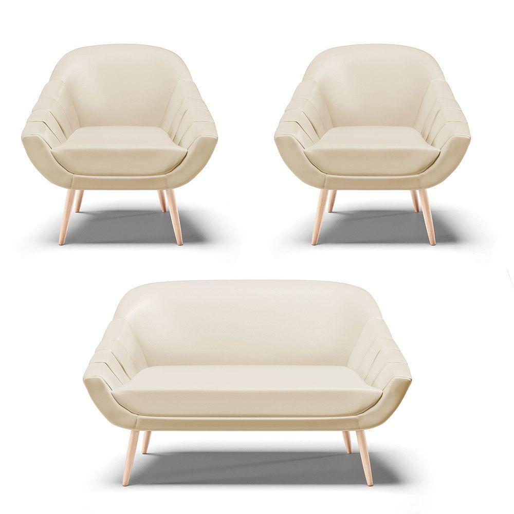 Kit 01 Namoradeira E 02 Poltronas Corino Bege Natural - 1