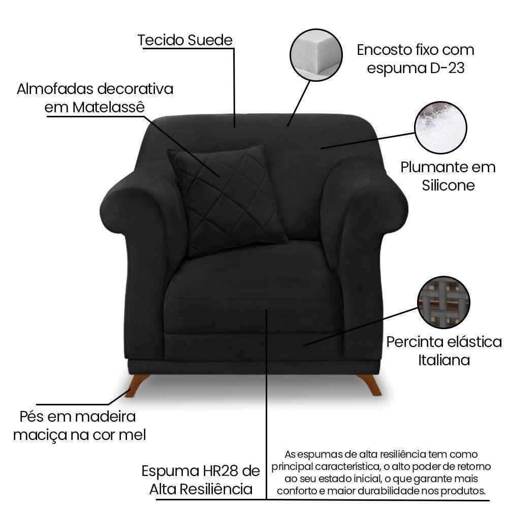 Kit 2 Poltronas E Sofá 2 Lugares 1,60m Preto Pés Castanho - 5