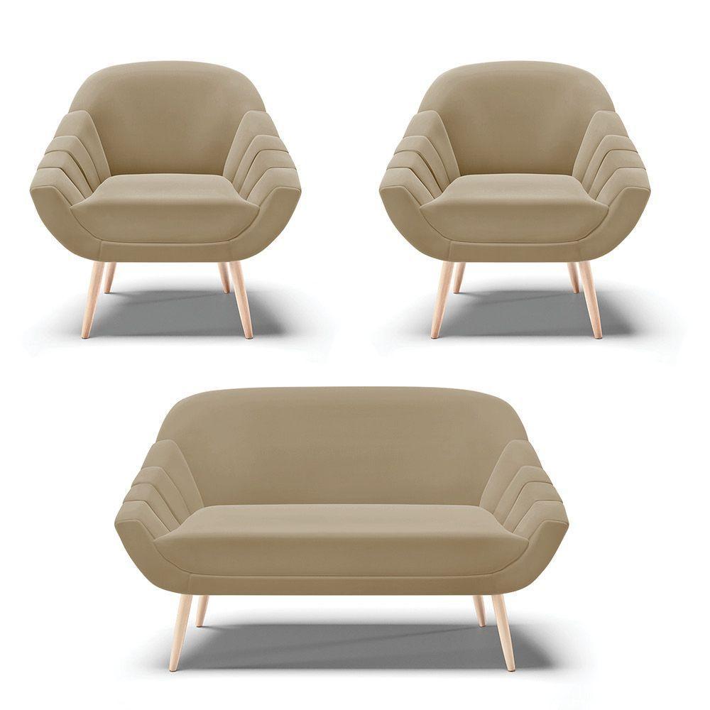 Kit 01 Namoradeira E 02 Poltronas Suede Natural Marrom Rato - 1