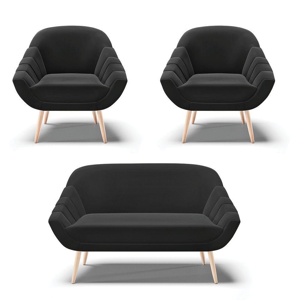 Kit 01 Namoradeira E 02 Poltronas Suede Natural Preto - 1