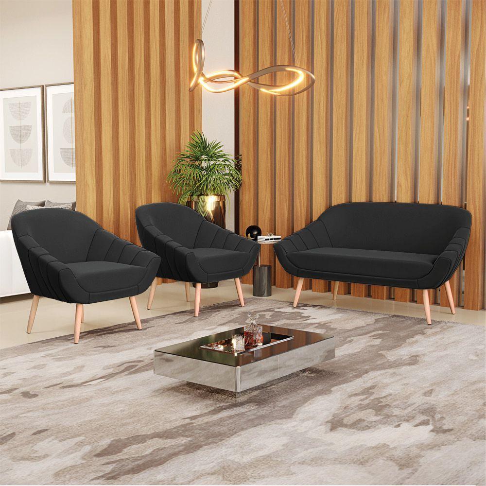 Kit 01 Namoradeira E 02 Poltronas Suede Natural Preto - 8