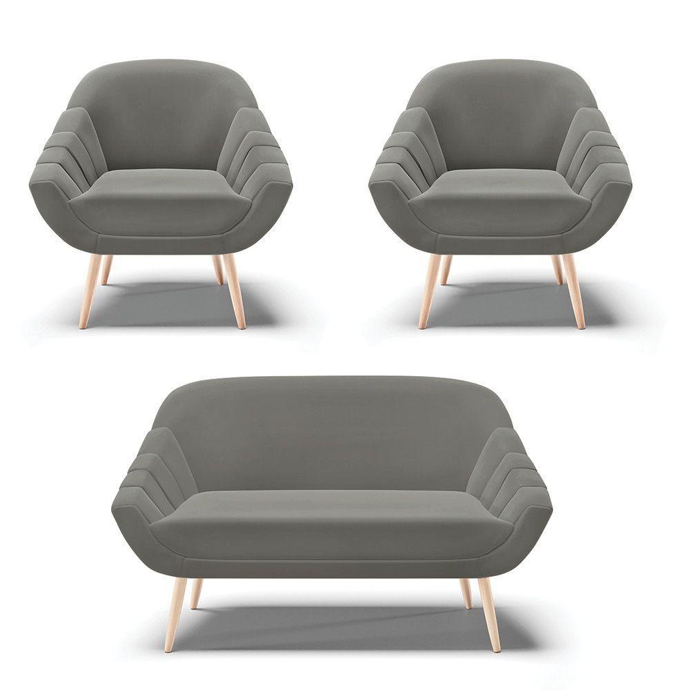 Kit 01 Namoradeira E 02 Poltronas Suede Natural Grafite - 1