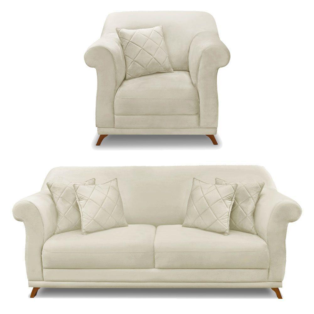 Kit Poltrona E Sofá 2 Lugares 1,80m Veludo Pés Castanho Bege - 1