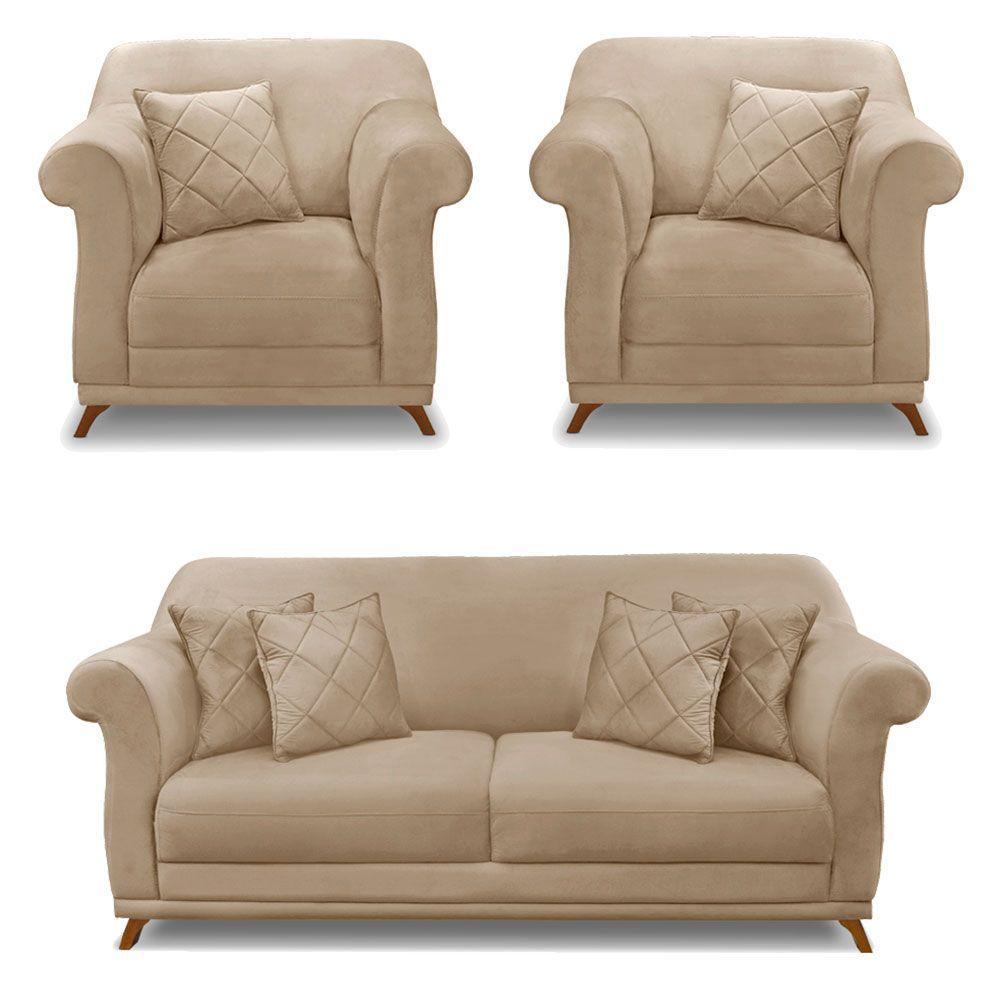 Kit 2 Poltronas E Sofá 2 Lugares 1,60m Bege Pés Castanho - 1