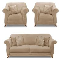 Kit 2 Poltronas E Sofá 2 Lugares 1,60m Bege Pés Castanho - 1