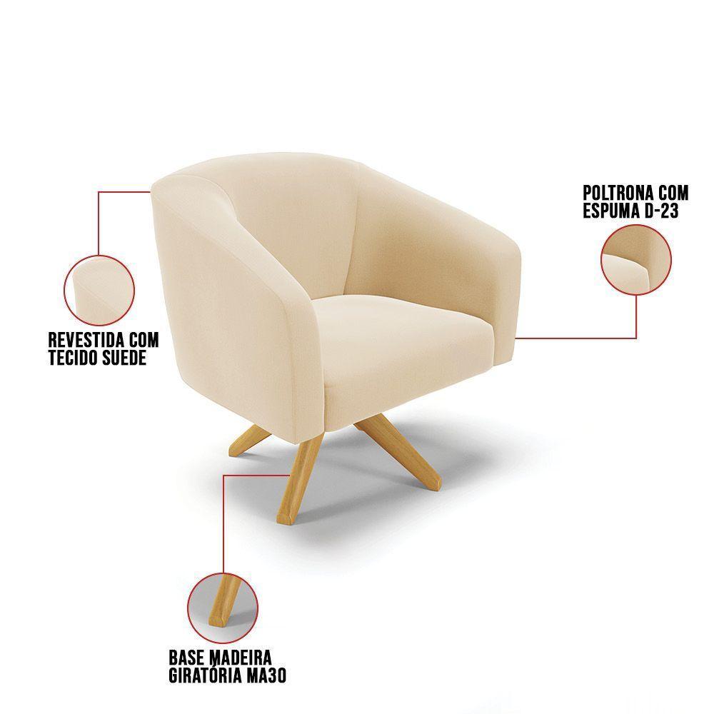 Poltrona Giratória Stella Suede Base Madeira Ma30 - D'rossi Cor Bege - 4