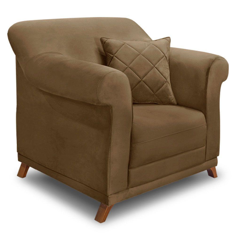 Poltrona Para Sala De Estar Suede Caramelo Pés Castanho - 1