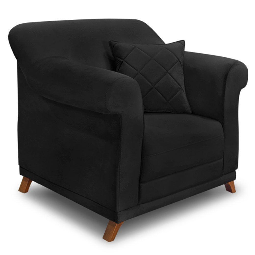 Kit 2 Poltronas Para Sala De Estar Suede Preto Pés Castanho - 2