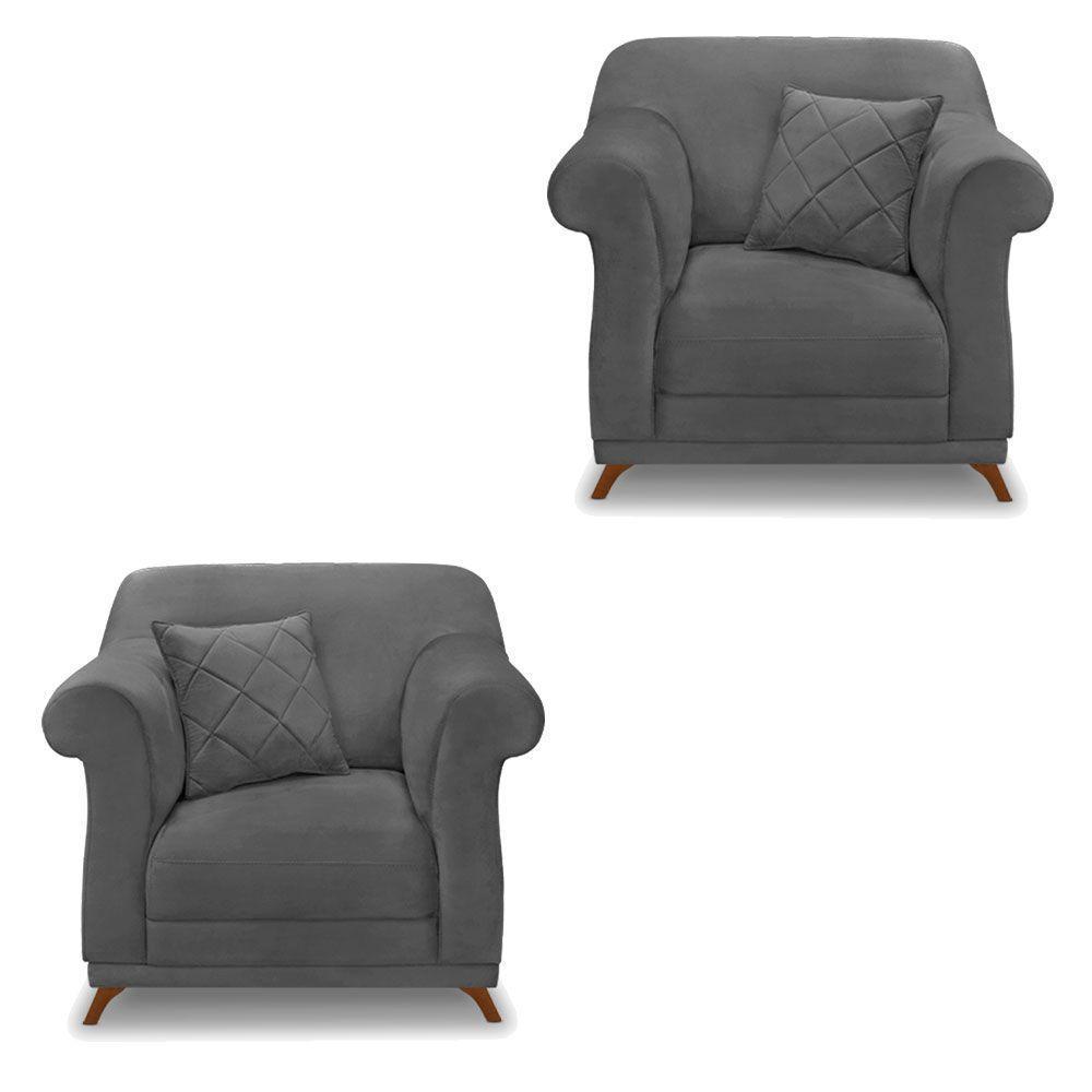 Kit 2 Poltronas Para Sala De Estar Suede Cinza Pés Castanho - 1