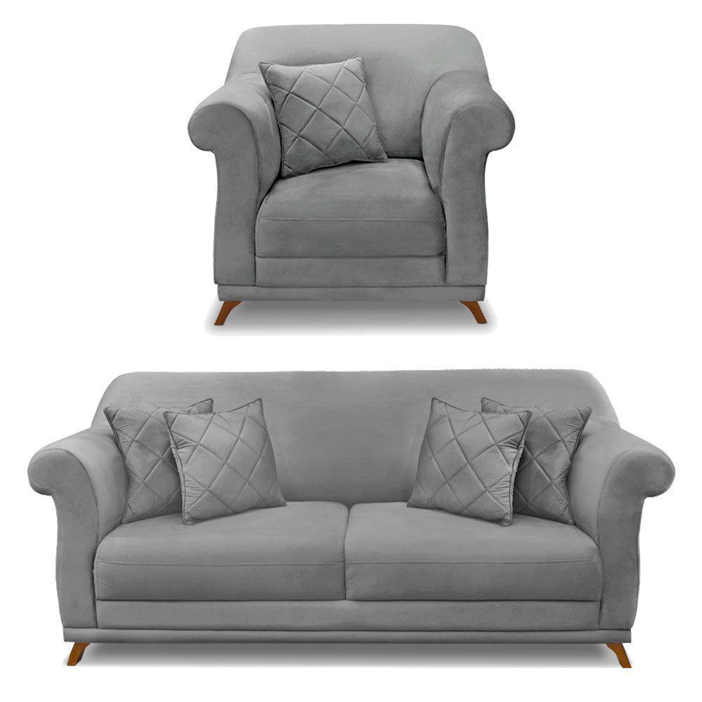 Kit Poltrona E Sofá 2 Lugares 1,60m Veludo Cinza Grafite - 1