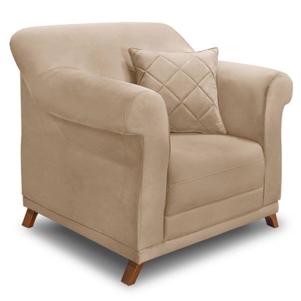Poltrona Para Sala De Estar Suede Pés Castanho Bege - 1